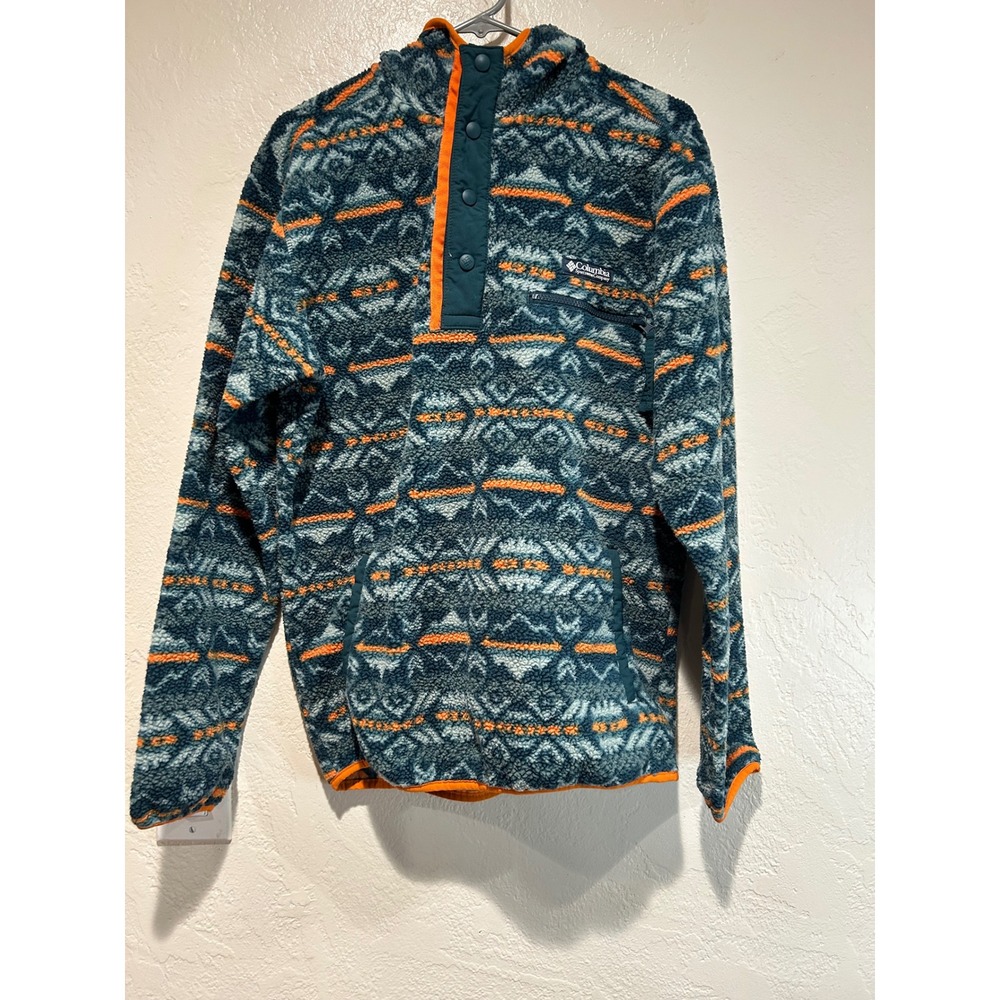 Columbia‎ Fleece Hoodie Pullover Tribal Print Teal Orange Men's S P